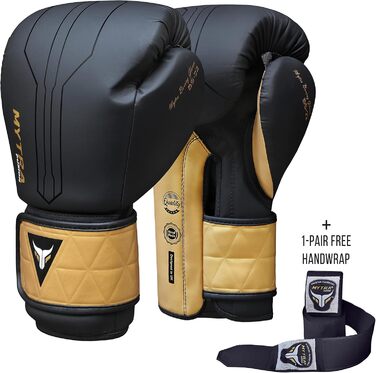 Боксерські рукавички Mytra Fusion 16oz чорні/золоті з безкоштовними бинтами для боксу, MMA, тайського боксу, кікбоксингу для чоловіків і жінок