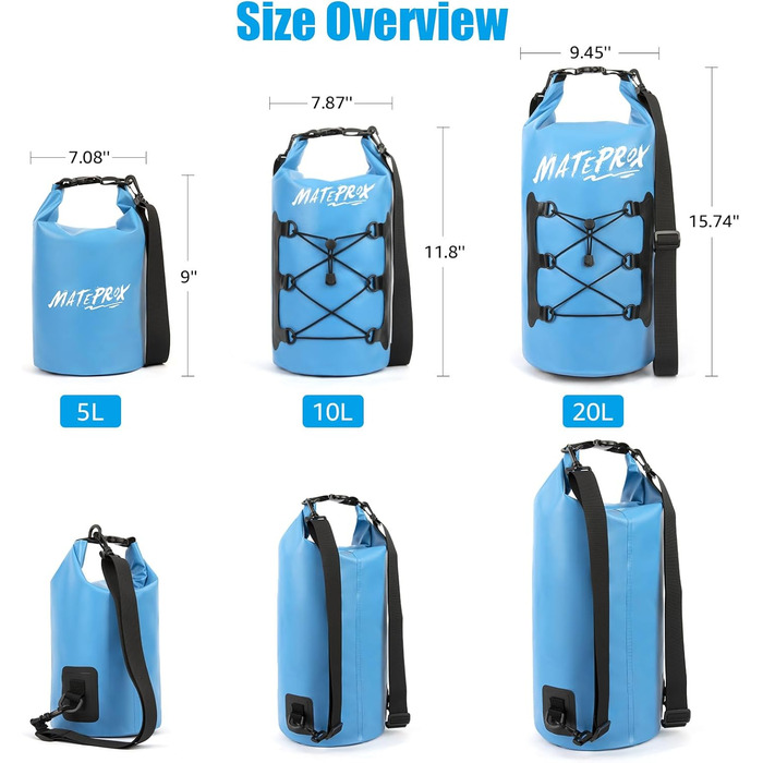 Водонепроникний мішок MATEPROX Dry Bag 5L/10L/20L з ролверхуванням - міцний та довговічний. Ідеально для плавання, катання на човні, рафтингу та кемпінгу. Кольори: блакитний 20L