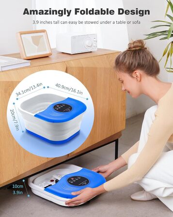 Ванночка для ніг з масажем та підігрівом, таймером – складана ванночка з бульбашками та пемзою, масажер для ніг з водою та 8 роликів – ідеальний подарунок (Блакитний)