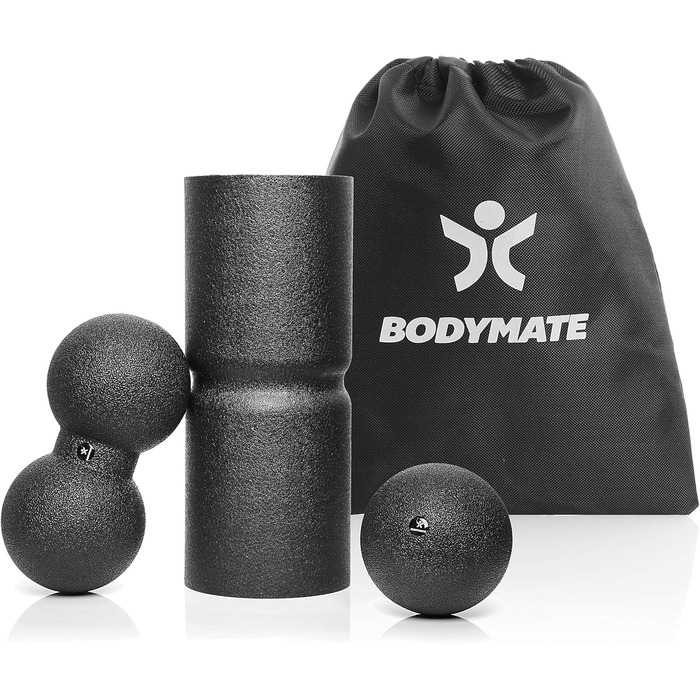Набір для міофасціального масажу BODYMATE Care: ролик 35x14 см (середньої жорсткості, з борозною для зняття напруги хребта), м'яч 12 см, двійний м'яч 12x24 см, чорний, з E-Book