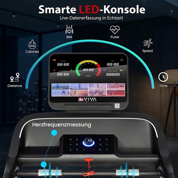 Бігова доріжка AsVIVA T20 Pro для дому: складана, швидкість до 18 км/год, нахил 20%, амортизація, макс. вага 150 кг, тренажер для кардіо та витривалості