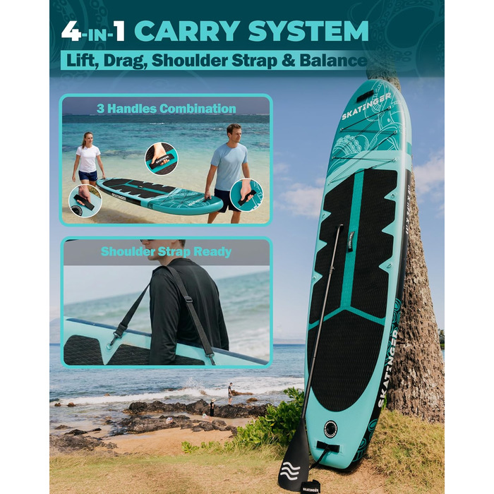 Надувне SUP дошка Skatinger 335 x 86,4 см, 190 кг, для 2 осіб, з веслом та ременем, зелена