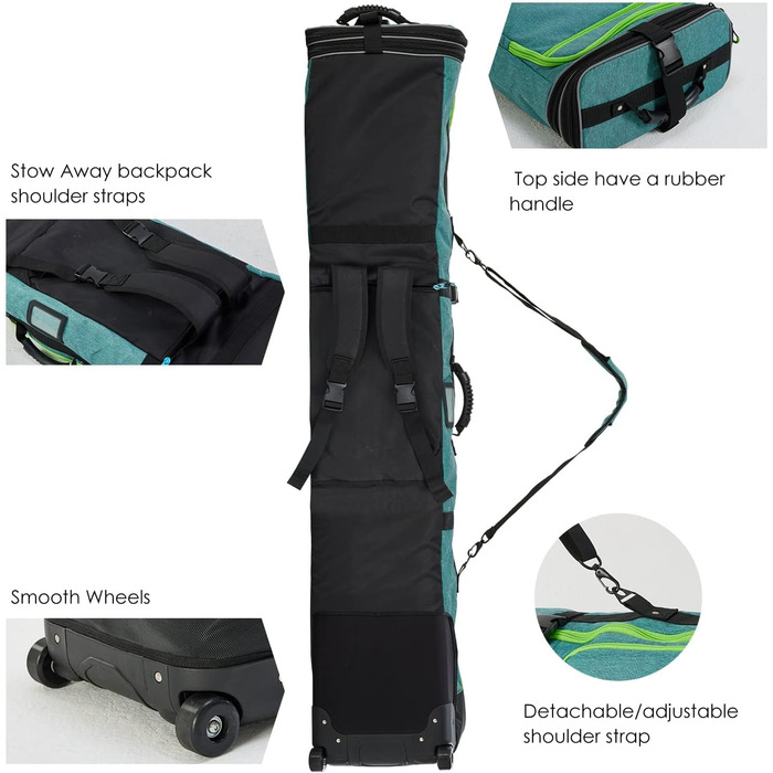 Чохол для сноуборду XCMAN на колесах, регульований, для подорожей літаком, зелений