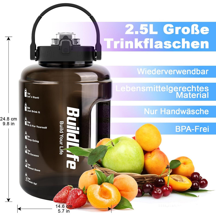 Спортивна пляшка BuildLife 2,5 л з міткою часу та двома кришками - без BPA - для залу (2500 мл, чорна) Чорна 2500 мл