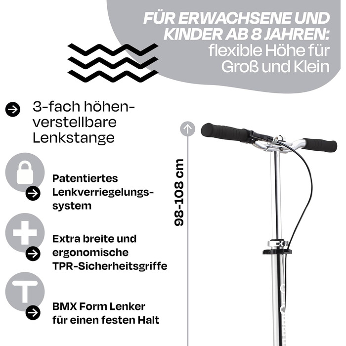Роликовий самокат GLOBBER NL 205 – для дітей від 8 років, підлітків та дорослих, регульована висота, колеса 205 мм, ABEC 7, вінтажний сріблястий