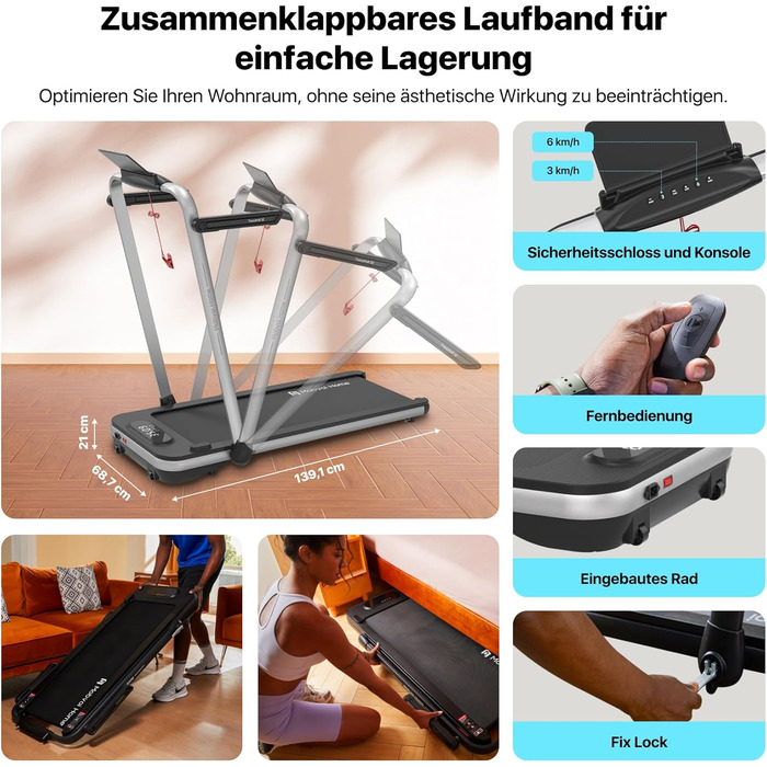 Електричний біговий тренажер Mobvoi Home Laufband SE з AI, 2.5 PS, 12 км/год, компактний, складний, з пультом, для дому, сумісний з TicSports APP, до 120 кг, срібний