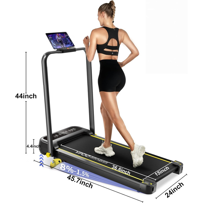 Ленковод YPOO для дому з нахилом, складаний, Walking Pad тихий 2.5HP, біговий тренажер для дому та офісу, максимальне навантаження 140 кг, Walkingpad з ручкою, бігова доріжка, пульт дистанційного керування та додаток