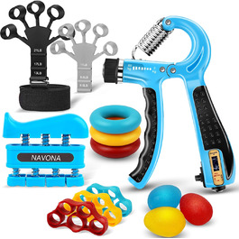 Набір для зміцнення рук та передпліччя (13 шт.): регульовані тренажери, розтягувачі пальців, м'яч для зняття стресу, кільце для хвата, для нарощування м'язів та відновлення після травм рук, Blau