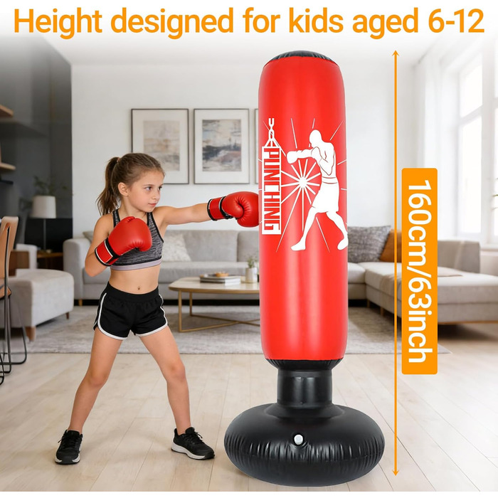 Боксерський мішок дитячий надувний 160 см для хлопчиків та дівчаток 6-12 років, стійкий, для карате, кікбоксингу, тхеквондо