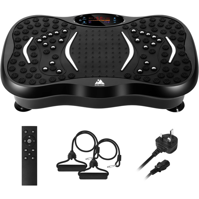 Віброплатформа для фітнесу EVOLAND з Bluetooth-динаміком, 5 програмами тренувань та еластичними стрічками, витримує до 150 кг, для дому