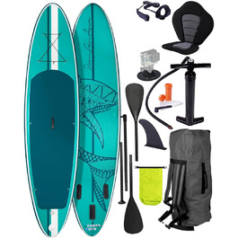 Надувний SUP Board BRAST Shark | Комплект для станд-ап паділбордингу | 320x81x15 см | 8 дизайнів | 5 років гарантії | з аксесуарами | 2в1: SUP Board та каяк | тримач для Action Cam, ланцюг для ніг, насос, рюкзак | Колір: блакитний