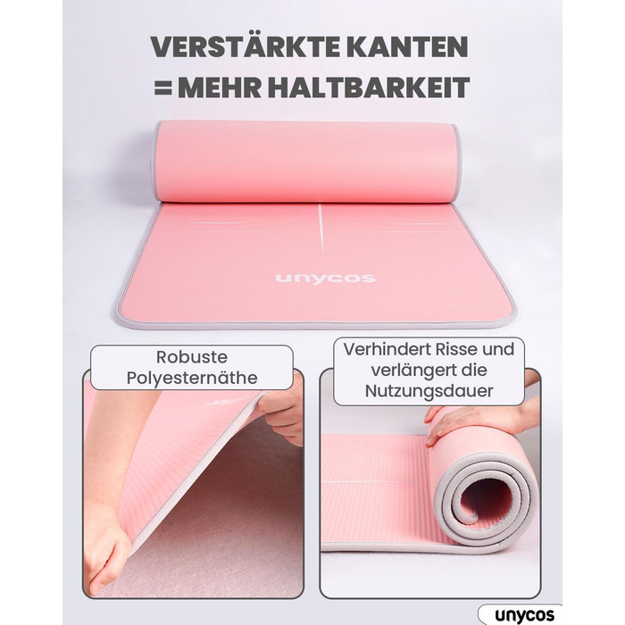 Килимок для йоги Unycos з нековзким покриттям | Щільність 6/10/15 мм, для гімнастики, з ременем для перенесення【вкл. E-Book】Фітнес-килимок для пілатесу, тренувань, гімнастики (#19 Рожевий + Сірий, 183*66*1 см)