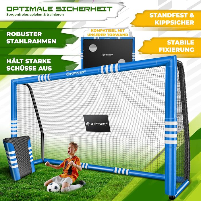 Ворота для футболу KESSER® для саду, 240 см, міцні, для тренувань, з UV-стійким сіткою, сталевий каркас з підкладкою, фіксатори для землі, насос, конуси, аксесуари для монтажу, для дітей та дорослих, блакитні