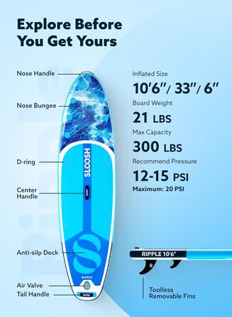 Надувна SUP-дошка SLOOSH 320 см з веслом, аксесуарами, рифленим EVA-покриттям, легкою сумкою і насосом для підлітків та дорослих