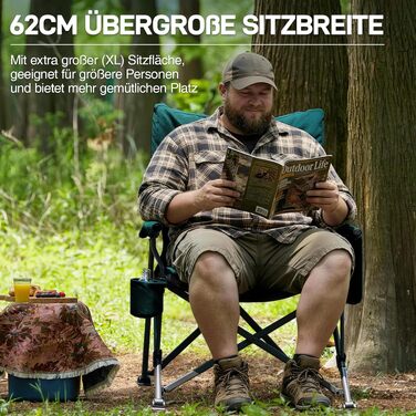Складане кемпінгове крісло EVER ADVANCED, посилене (до 230 кг), м'яке сидіння, ширина 62 см, зелене