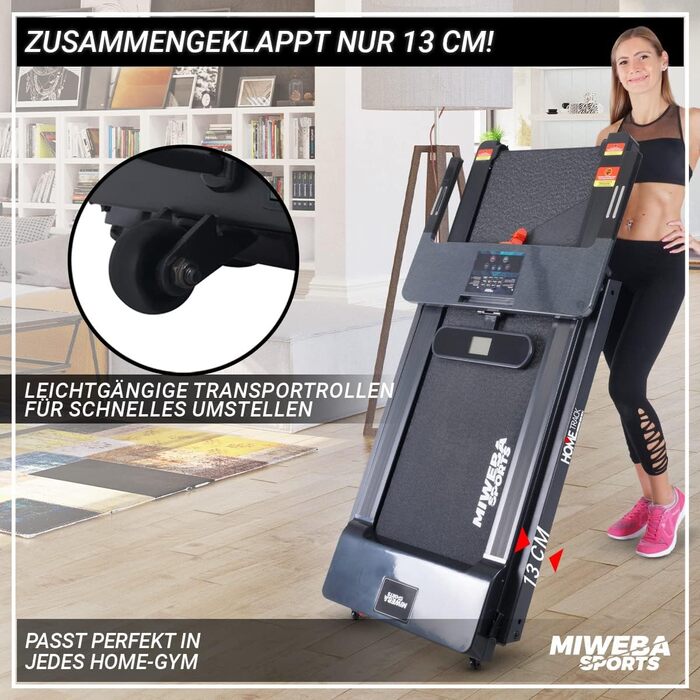 Електрична бігова доріжка Miweba Sports HT500, 3 к.с., 14 км/год, 120 кг, складана, велика бігова поверхня, LCD-дисплей, 12 програм, для дому, чорна
