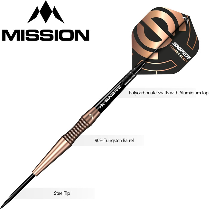 Дротики Mission Connor Scutt V2, сталевий наконечник, бронзове покриття PVD, Sniper, 90% вольфрам, різна вага