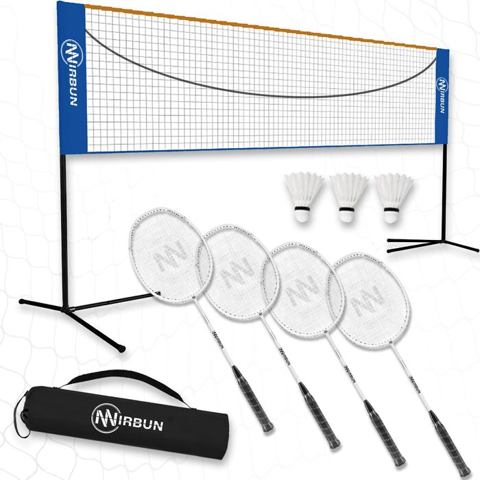 Набір для бадмінтону на 4 гравці з сіткою | Професійні ракетки + 3-и пір'яні м'ячі + сумка для перенесення | Міцний металевий каркас | Сітка 5,1 м | Сімейний набір для гри в приміщенні та на вулиці