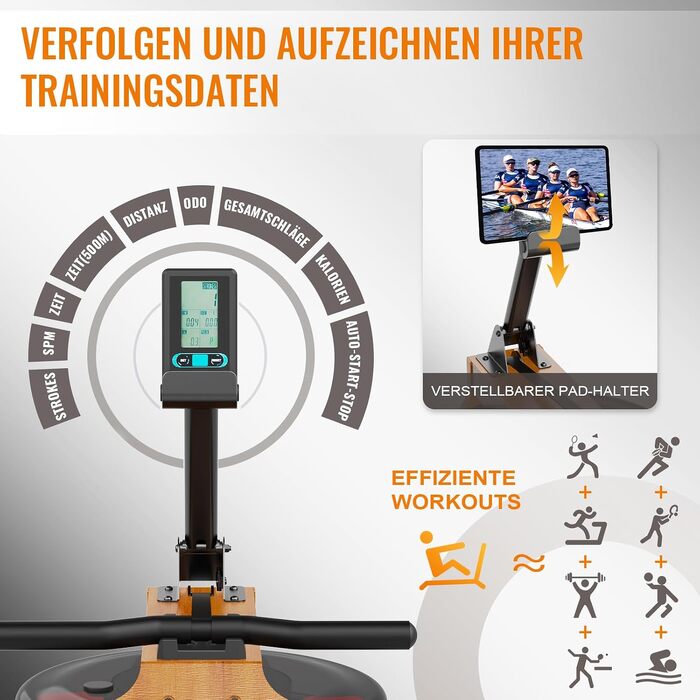 Водяний гребний тренажер для дому складаний, з Bluetooth та LCD-дисплеєм, тримачем для планшета, колір дуб коричневий, до 150 кг