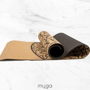 Йога мат Myga XL Kork: 200x70 см, 6 мм, з натуральної кори, протиковзаюча, для йоги, пілатесу, медитації та фітнесу. Малюнок мандала