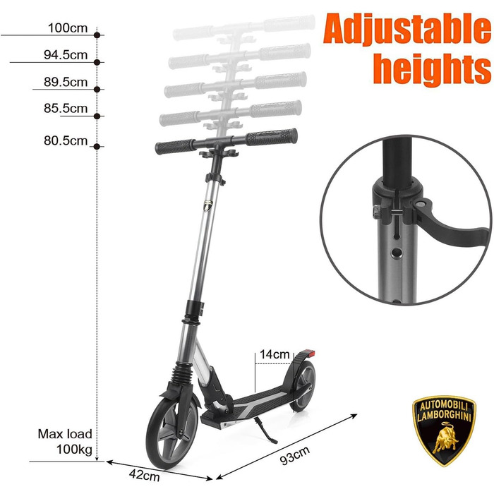 Скутер Lamborghini Tretroller Cityroller з великим колесом, складний, регульована висота, для дорослих та дітей, з підставкою, передньою амортизацією та гальмом на задньому колесі, до 100 кг (Сірий)