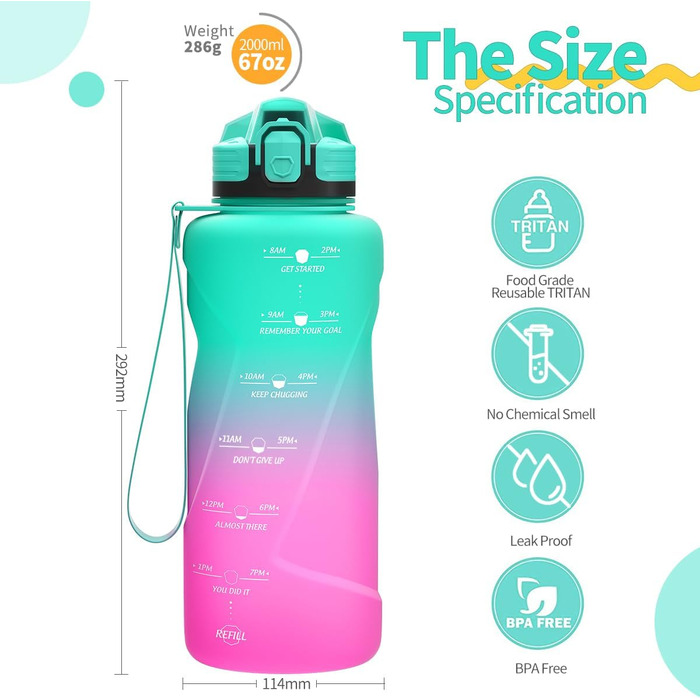 Дитяча спортивна пляшка для води 2л, 1.5л, 1л, 700мл, 500мл. Без витоку, з маркуванням часу. BPA Free Tritan для дівчаток та хлопчиків, школи, спортзалу. Смарагдово-фіолетовий колір.