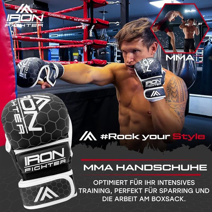 Боксерські рукавички IRON FIGHTER MMA для спарингу та тренувань, з посиленою амортизацією, захистом зап'ястя та пальців, для боксу, кікбоксингу, муай-тай, дорослі