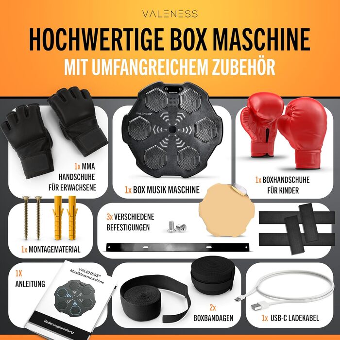 Музична бокс-машина VALENESS® – Smart бокс з музикою та LED, бокс-автомат для стіни, комплект з боксерськими рукавичками. Ідеальне тренування боксу вдома для дітей та дорослих (ручна музична бокс-машина)