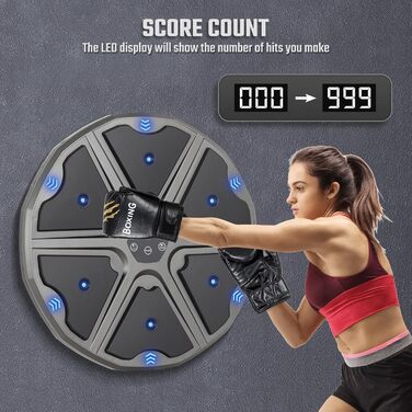 Музична боксерська машина Todeco з LED, Bluetooth, рукавичками та настінною ціллю - 9 режимів швидкості та режим підрахунку для дітей та дорослих