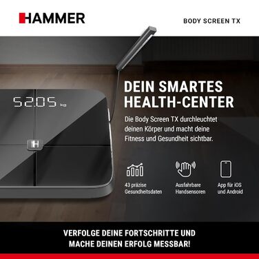 Розумні ваги HAMMER Body Screen TX, 8 сенсорів, аналіз складу тіла, 43 показники здоров'я, додаток, Bluetooth