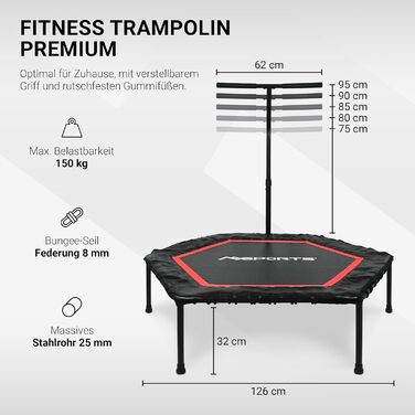 Преміум фітнес-батут MSPORTS з ручкою для дому та вулиці, регульована висота, навантаження до 150 кг, червоний