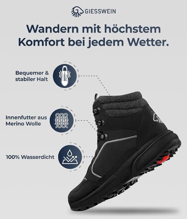 Чоловічі водонепроникні трекінгові черевики Giesswein Wool Cross X Alpine - зручні та теплі, з 100% мериносової вовни, для хайкінгу та походів, чорний колір, 45 EU