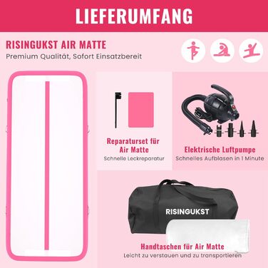 Надувна гімнастична матка RISINGUKST Air Matte Track - 300x100x10 см, 10 см заввишки, з повітряним насосом, зелено-біла (рожева)