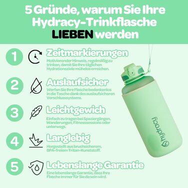 Водна пляшка Hydracy 2L зі стаканчиком та позначкою часу - спортивна пляшка без BPA, не протікає, з термоізоляцією, для спорту та активного відпочинку (2L, з трубочкою, колір: аква-зелений)