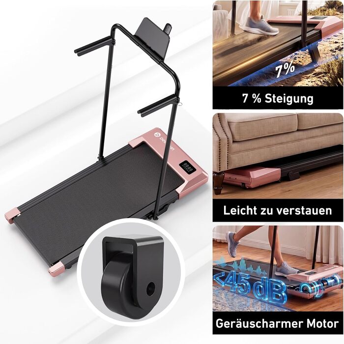 Бігова доріжка DeerRun Walking Pad з нахилом 6% для дому та офісу, компактне підстільне Laufband з LED-дисплеєм, пультам та підтримкою додатка, до 136 кг, світло-рожева