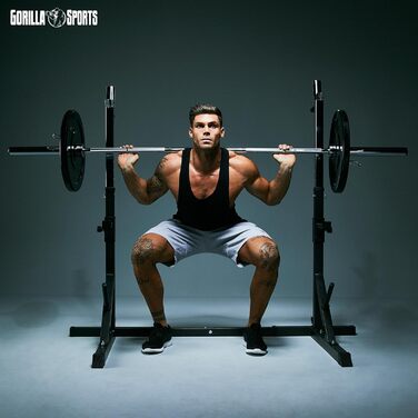 Стойка для присідань GORILLA SPORTS, регульована висота і ширина, з дип-станцією, тримачем для дисків, вантажопідйомність 200-250 кг