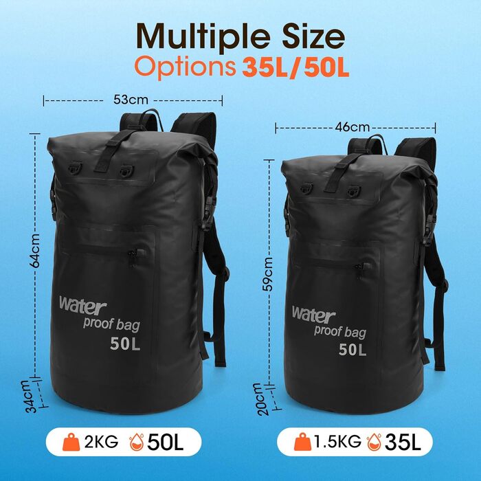 Водонепроникний рюкзак WELDUN 50L з IPX8 чохлом для телефону, Rolltop, для каякінгу, кемпінгу, трекінгу та водних видів спорту (Чорний)