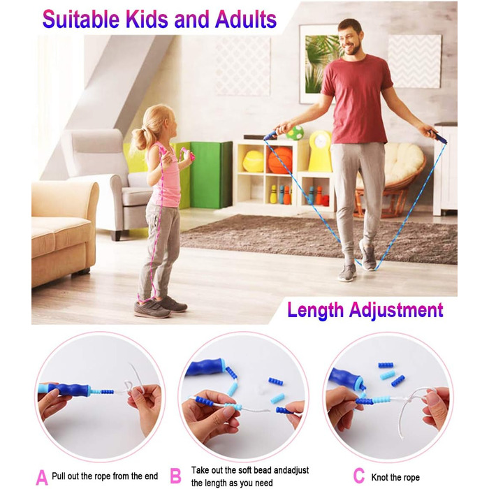 Дитяча скакалка з намистинами, м'яка, регульована, для фітнесу, тренувань та виховання, рожево-зелена (блакитно-рожева)