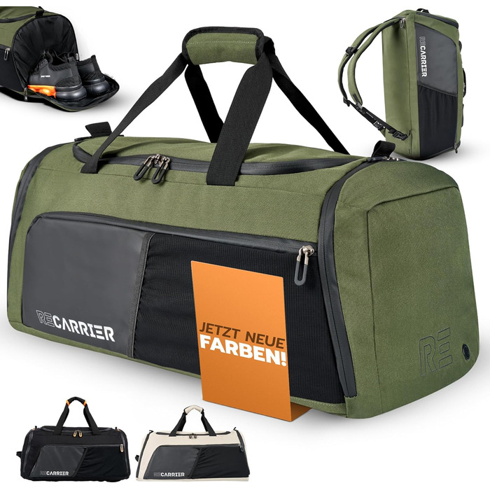 Спортивна сумка [з переробленого PET] 50L – Gym Bag та рюкзак в одному – водонепроникна сумка для тренувань чоловіча/жіноча – спортивний рюкзак з відділенням для взуття, фітнес, велика дорожня сумка (Pinewood Green)