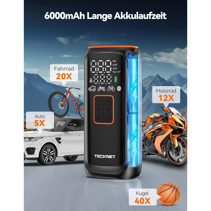 TECKNET електричний компресор 6000mAh, насос 150 PSI для авто, велосипедів, мотоциклів, м'ячів, з манометром, павербанком та ліхтариком