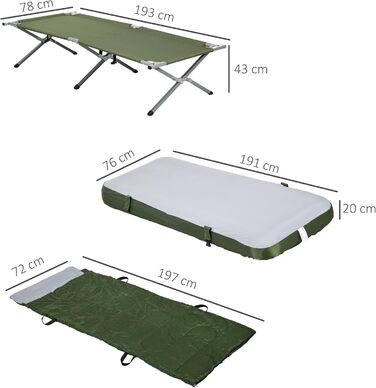 Кемпінгове ліжко Outsunny розкладне з матрацом та подушкою, 193x78 см, до 120 кг, для відпочинку на природі