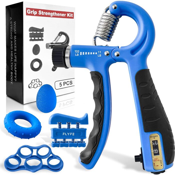 Набір для тренування сили хвата FLYFE (5 шт.) - тренажер передпліччя, ручний стискач, регульований опір, розтягувач пальців, кільце для хвата, м'яч для зняття напруги та тренажер пальців для чоловіків та жінок, відновлення після травм, блакитний