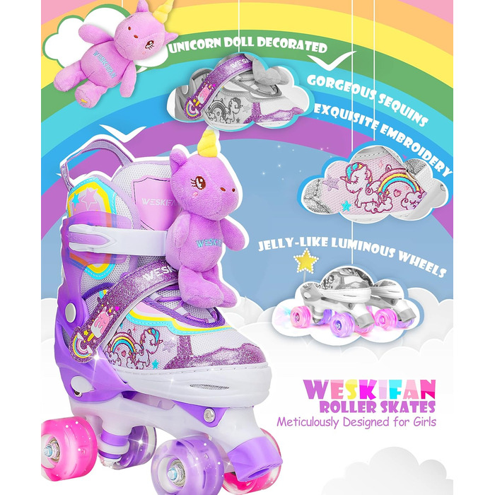 Дитячі ролики Kinder Einhorn для дівчаток, 4 розміри, регульовані, з підсвічуванням, для початківців, фіолетові