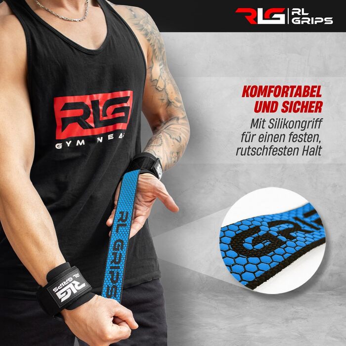 Лямки для тяги RL Grips з фіксацією на зап'ястя для важкої атлетики, пауерліфтингу та бодібілдингу, сині