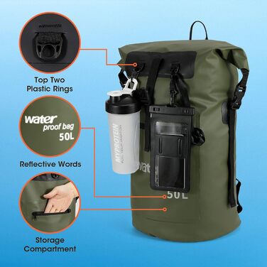Водонепроникний рюкзак WELDUN 50L Rolltop Dry Bag з IPX8 чохлом для телефону, для каякінгу, кемпінгу, трекінгу, подорожей та водних видів спорту (Зелений, 50L)