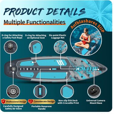Надувний SUP Борд ALLPICK Premium Set: Комплектація для початківців та просунутих, з камерою, регульованим веслом, 200 кг, колір: ошм'ятково-блакитний