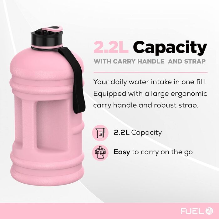 Спортивна пляшка для води Fuel24 Jug 2,2 л з поп-кришкою та ручкою, рожева, без BPA, для залу та фітнесу