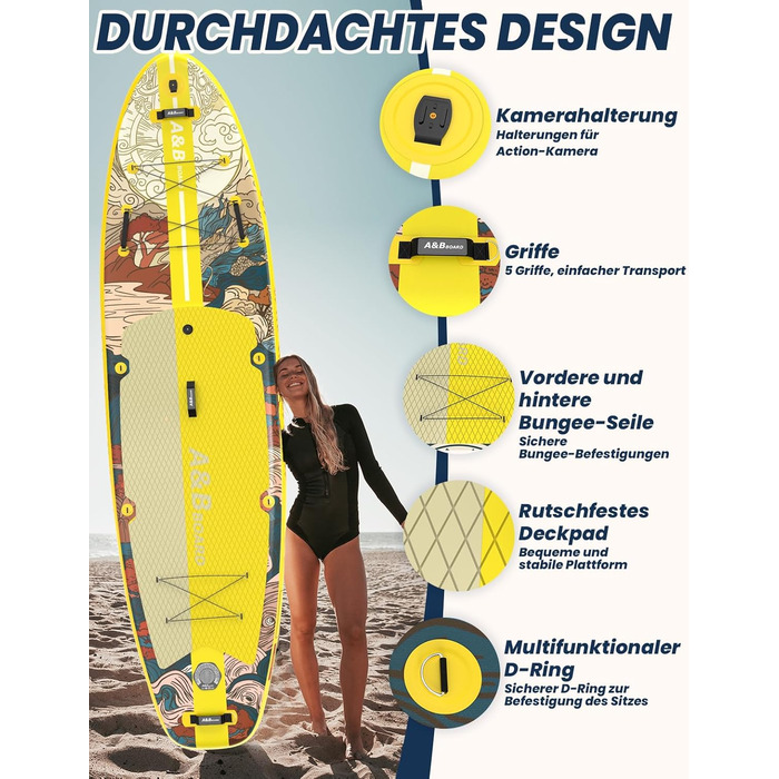 SUP дошка ABBOARD надувна 335 см, жовта - для 2 осіб, вантажопідйомність 200 кг, преміум комплект аксесуарів для початківців та сімейного відпочинку