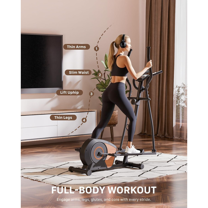 Еліптичний тренажер Aeriflo S100 для дому з Bluetooth, LCD-дисплеєм та транспортувальними роликами. 16 рівнів опору, ультратихий, чорний.