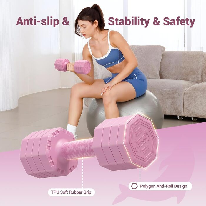 Набір гантелей Yoleo регульований 2/4 шт. для дому, 2 кг, 3 кг, 4 кг, 5 кг, з м'яким TPR-покриттям, для тренувань всього тіла (рожевий)